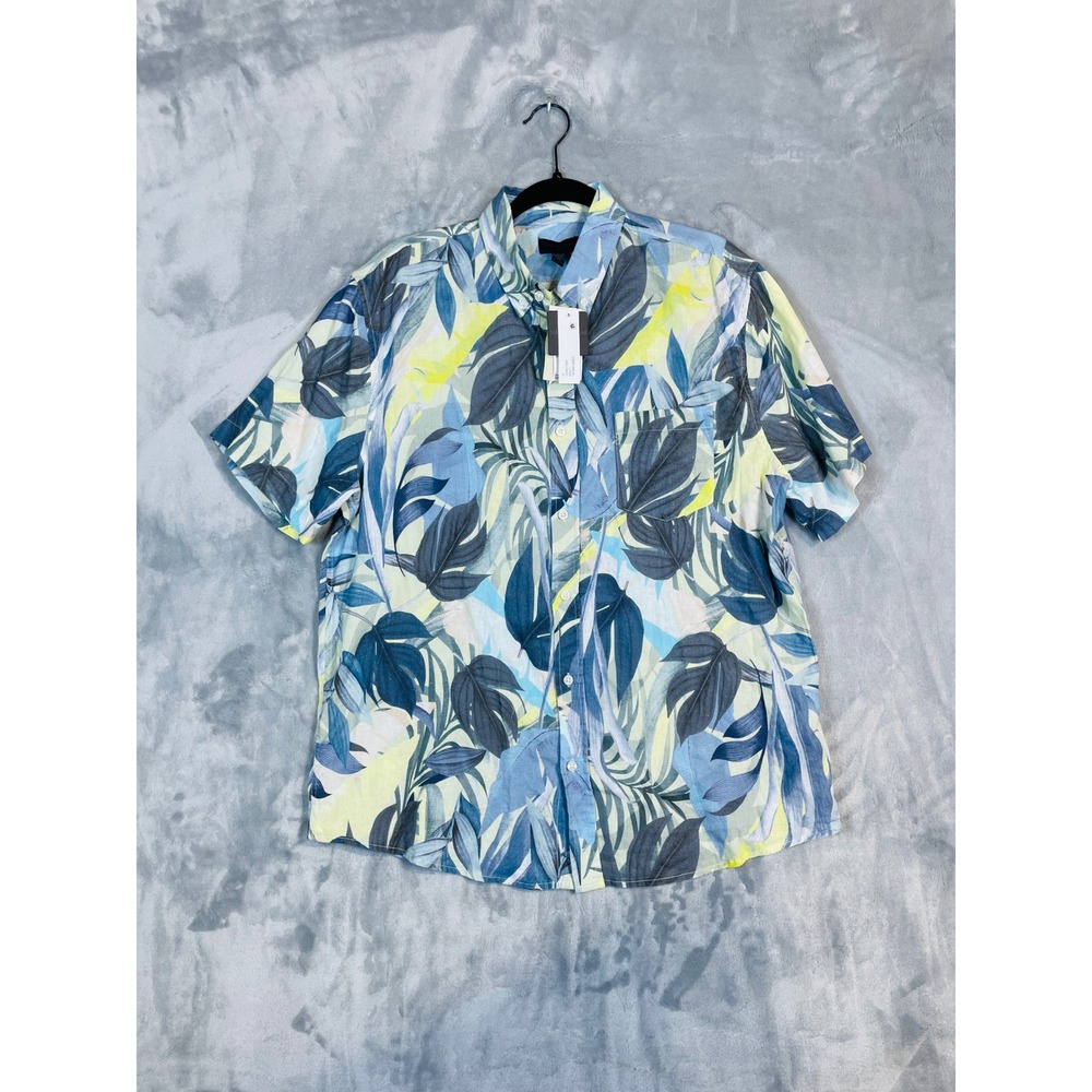 Magaschoni Button Down Shirt Mens Medium Blue Yellow NEW Tropical Linen Blend